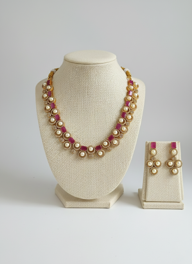 product image 1 Gold Pearl Ruby Floral Cluster Necklace Set - Image 1