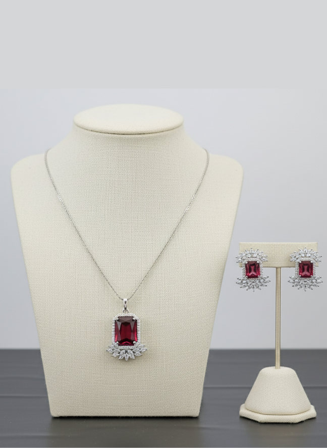 product image 11 Silver CZ Ruby Emerald-Cut Pendant Necklace Set - Image 1