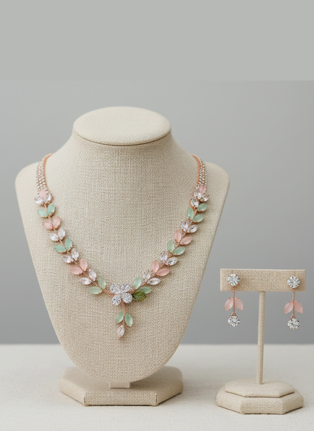 product image 12 Rose Gold Pastel Leaf Crystal V-Necklace Set - Image 1