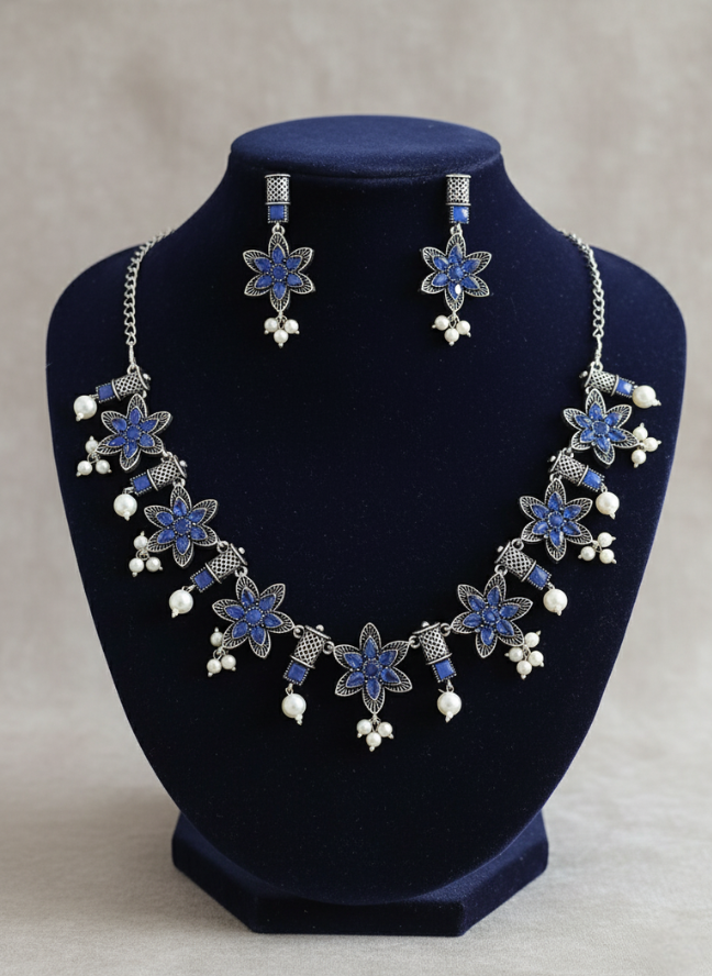 product image 14 Silver Oxidized Blue Enamel Star Flower Necklace Set with Pearl Drops - Image 1