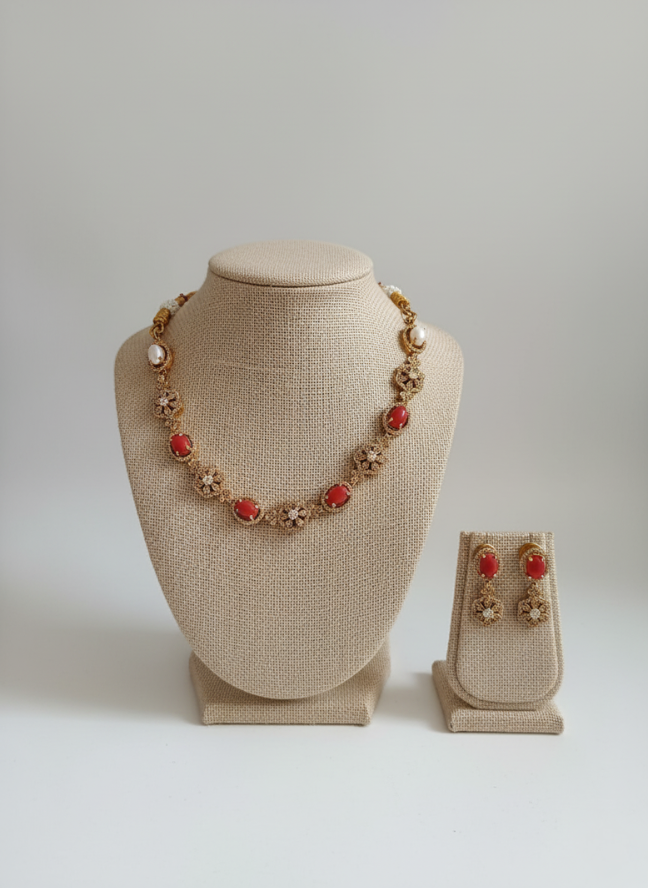 product image 17 Gold Coral Stone Floral Necklace Set with Pearl Accents - Image 1