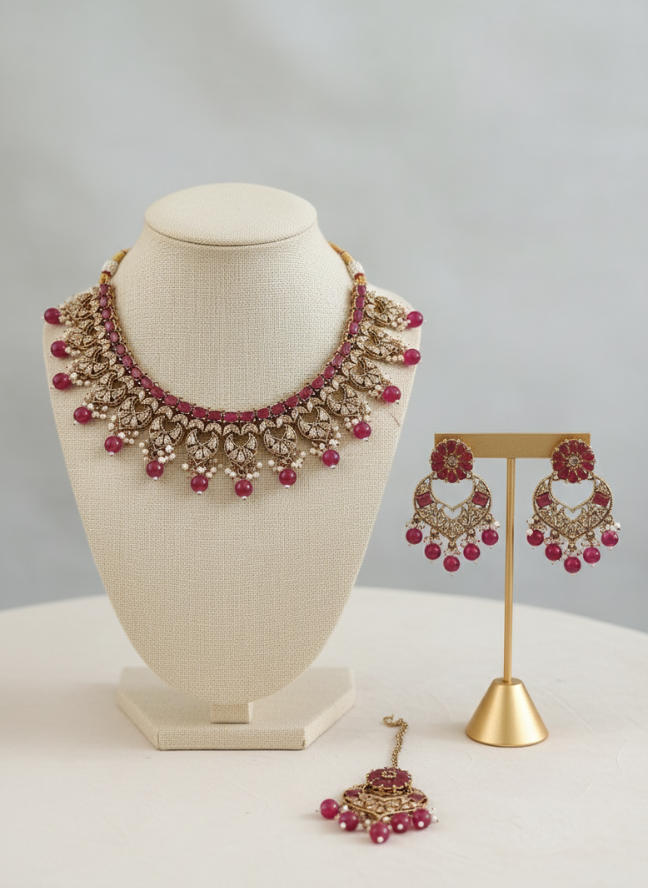 product image 18 Antique Gold Polki Ruby Bridal Necklace Set with Maang Tikka - Image 1