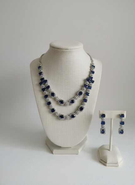 Silver CZ Double Layer Blue Sapphire Emerald-Cut Necklace Set