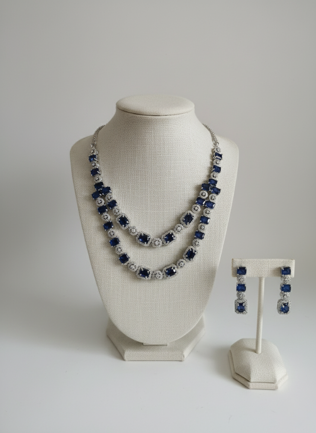 product image 2 Silver CZ Double Layer Blue Sapphire Emerald-Cut Necklace Set - Image 1