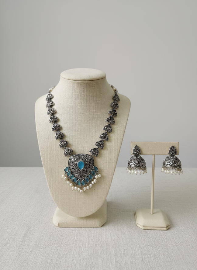 product image 24 Silver Oxidized Turquoise Shield Pendant Necklace with Jhumka Earrings - Image 1