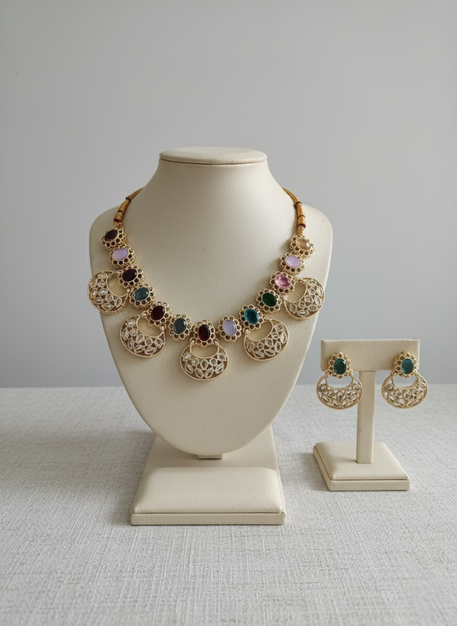 product image 26 Gold Filigree Multicolor Stone Chandbali Necklace Set - Image 1