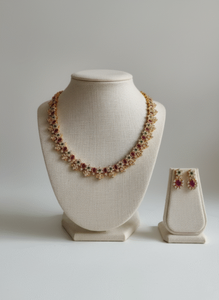 Gold CZ Ruby Emerald Floral Necklace Set