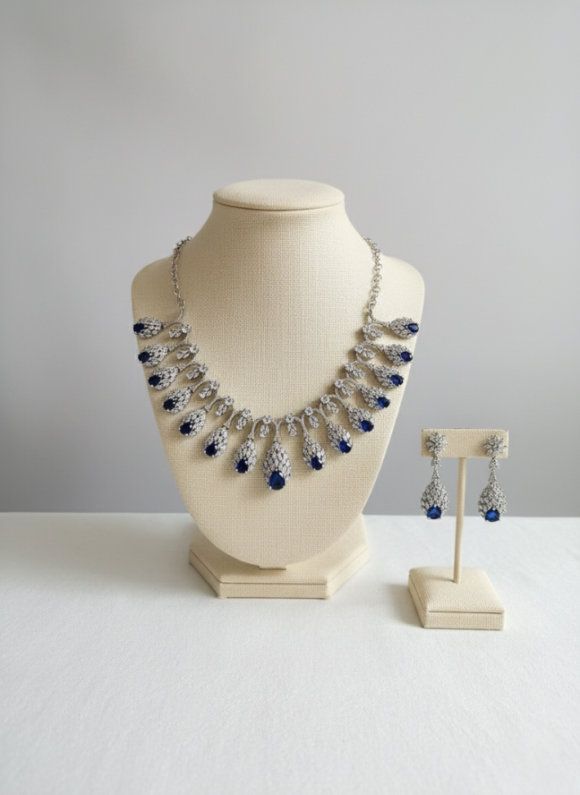 product image 29 Silver CZ Blue Sapphire Fan Bib Necklace Set - Image 1
