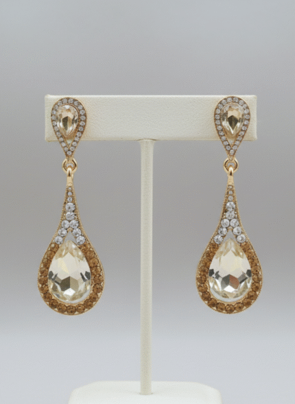 Gold Champagne Crystal Double Teardrop Drop Earrings