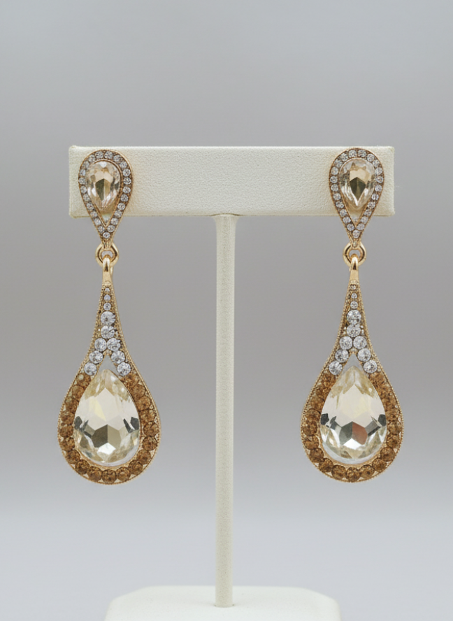 product image 3 Gold Champagne Crystal Double Teardrop Drop Earrings - Image 1