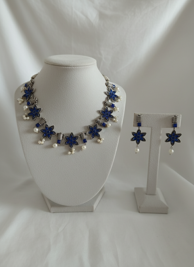 product image 34 Silver Oxidized Blue Flower Necklace Set with Pearl Drops - Image 1