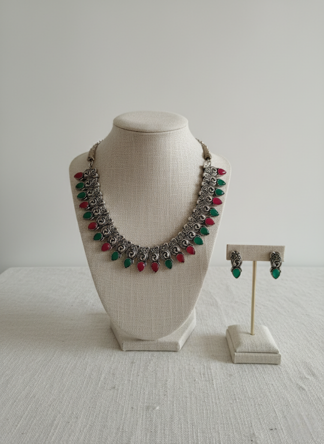 product image 35 Silver Oxidized Ruby Green Stone Necklace Set - Image 1