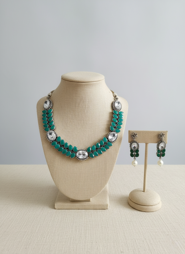product image 36 Silver Oxidized Green Stone Statement Necklace Set - Image 1
