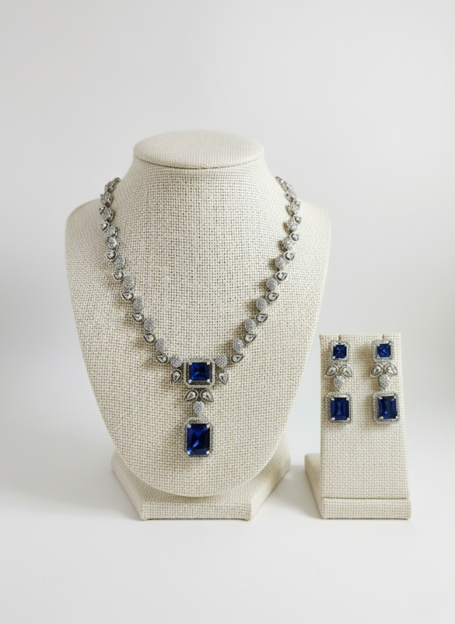 product image 38 Silver CZ Blue Sapphire Emerald-Cut Pendant Necklace Set - Image 1