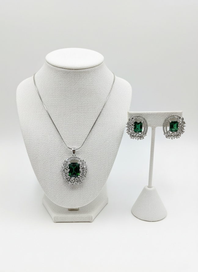 product image 39 Silver CZ Emerald Oval Pendant Necklace Set - Image 1