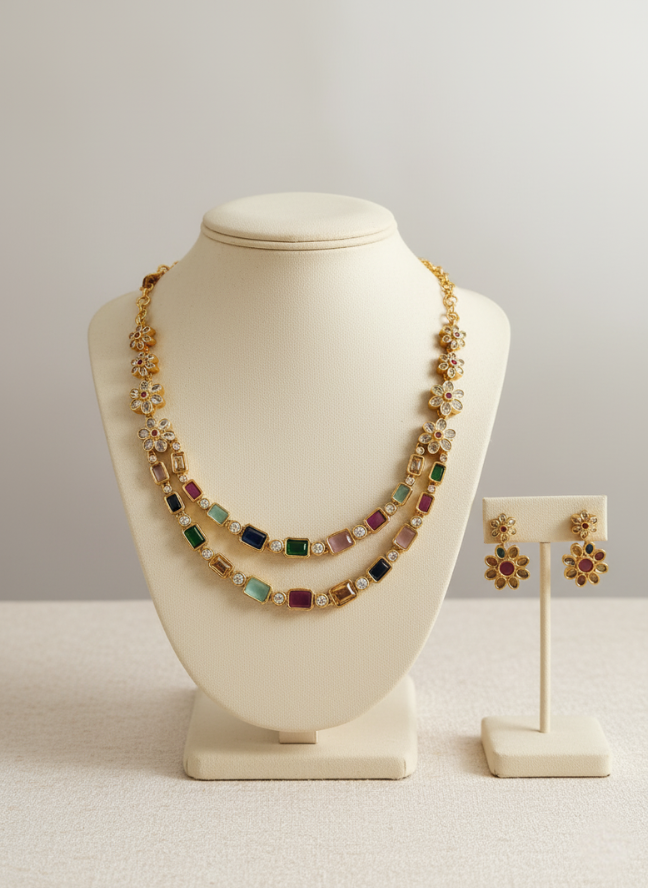 product image 5 Gold Double Layer Multicolor Gemstone Necklace Set - Image 1