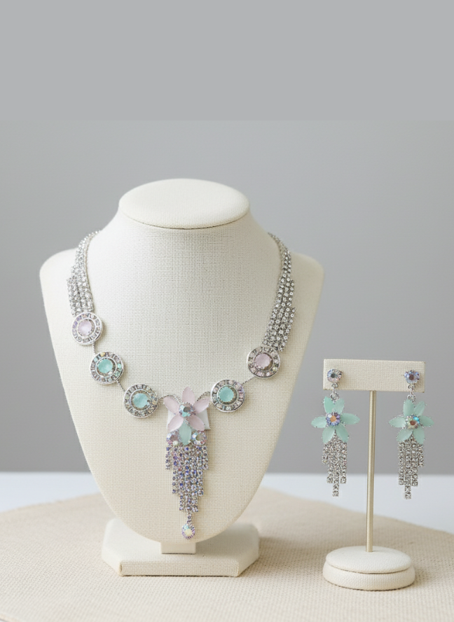 product image 7 Silver Pastel Crystal Floral Tassel Necklace Set - Image 1
