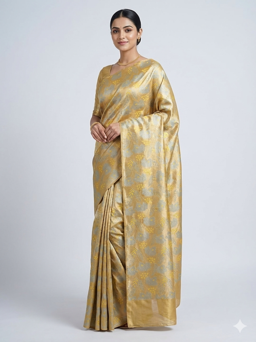 saree 02 Soft Gold Silk Saree with Subtle Floral Weaves - Image 1