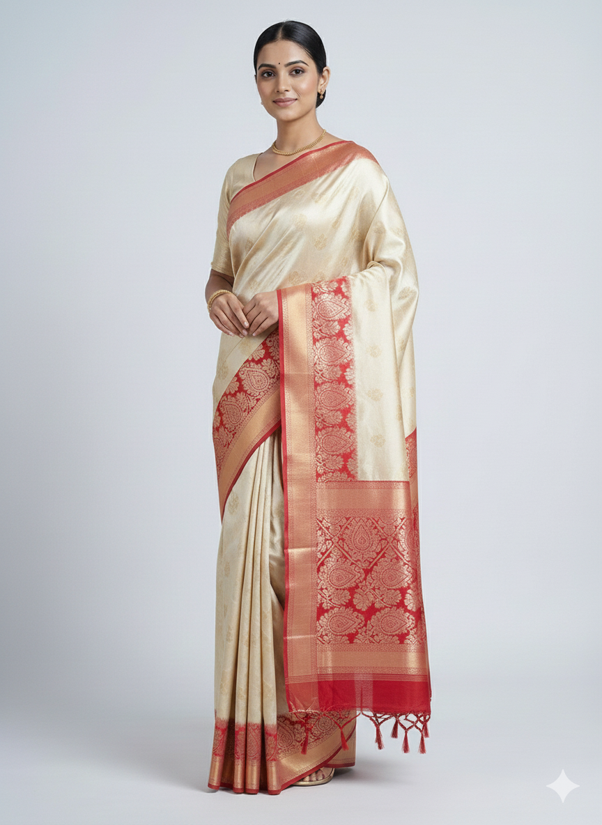 saree 04 Ivory Silk Saree with Red Zari Border - Image 1