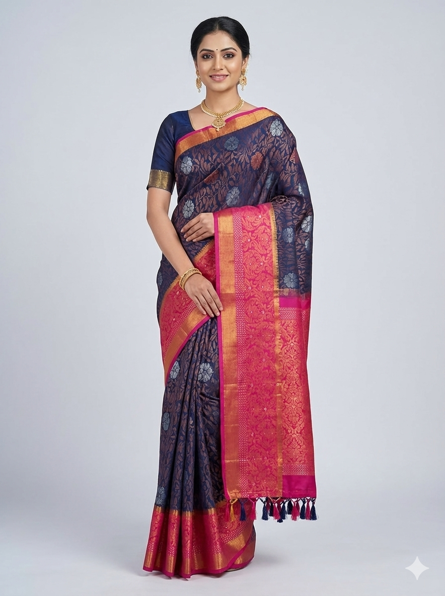 saree 05 Navy Blue Silk Saree with Pink Zari Pallu - Image 1