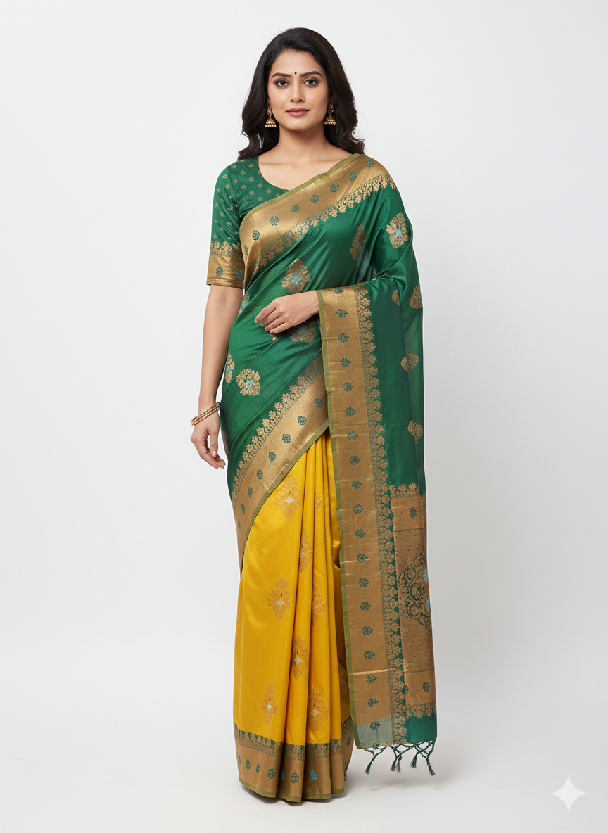 saree 07 Green and Mustard Dual-Tone Silk Saree - Image 1