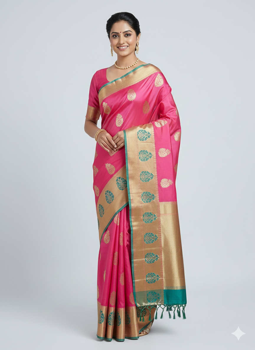 saree 09 Magenta Pink Silk Saree with Elephant Zari Motifs - Image 1