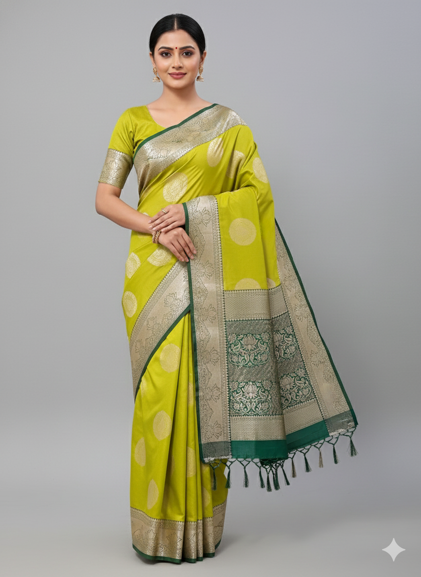 saree 10 Lime Green Silk Saree with Gold Zari Border - Image 1