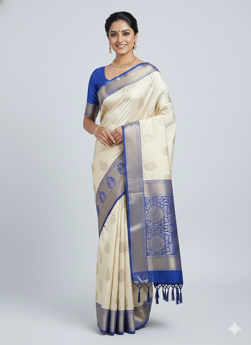 saree 11 Gold-Tone Silk Saree with Royal Blue Zari Pallu - Image 1