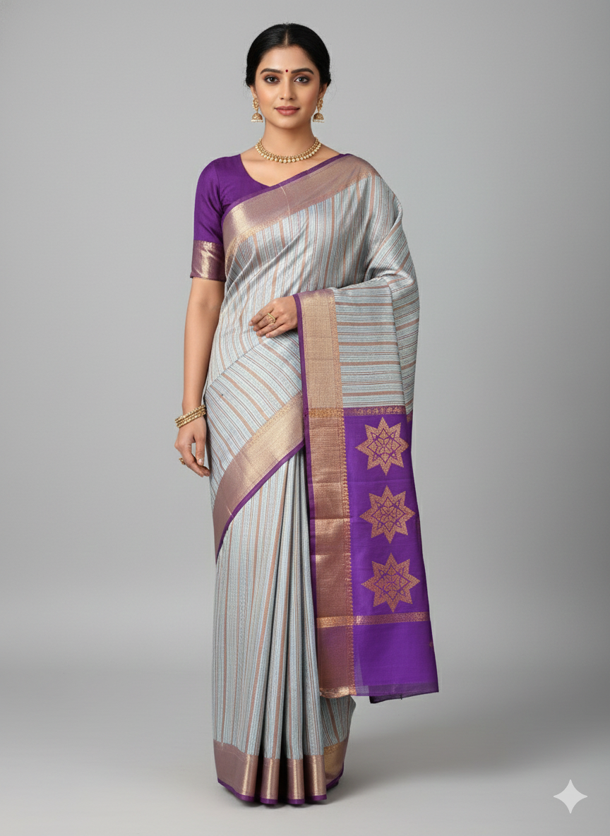 saree 12 Grey Silk Saree with Purple Zari Pallu and Star Motifs - Image 1
