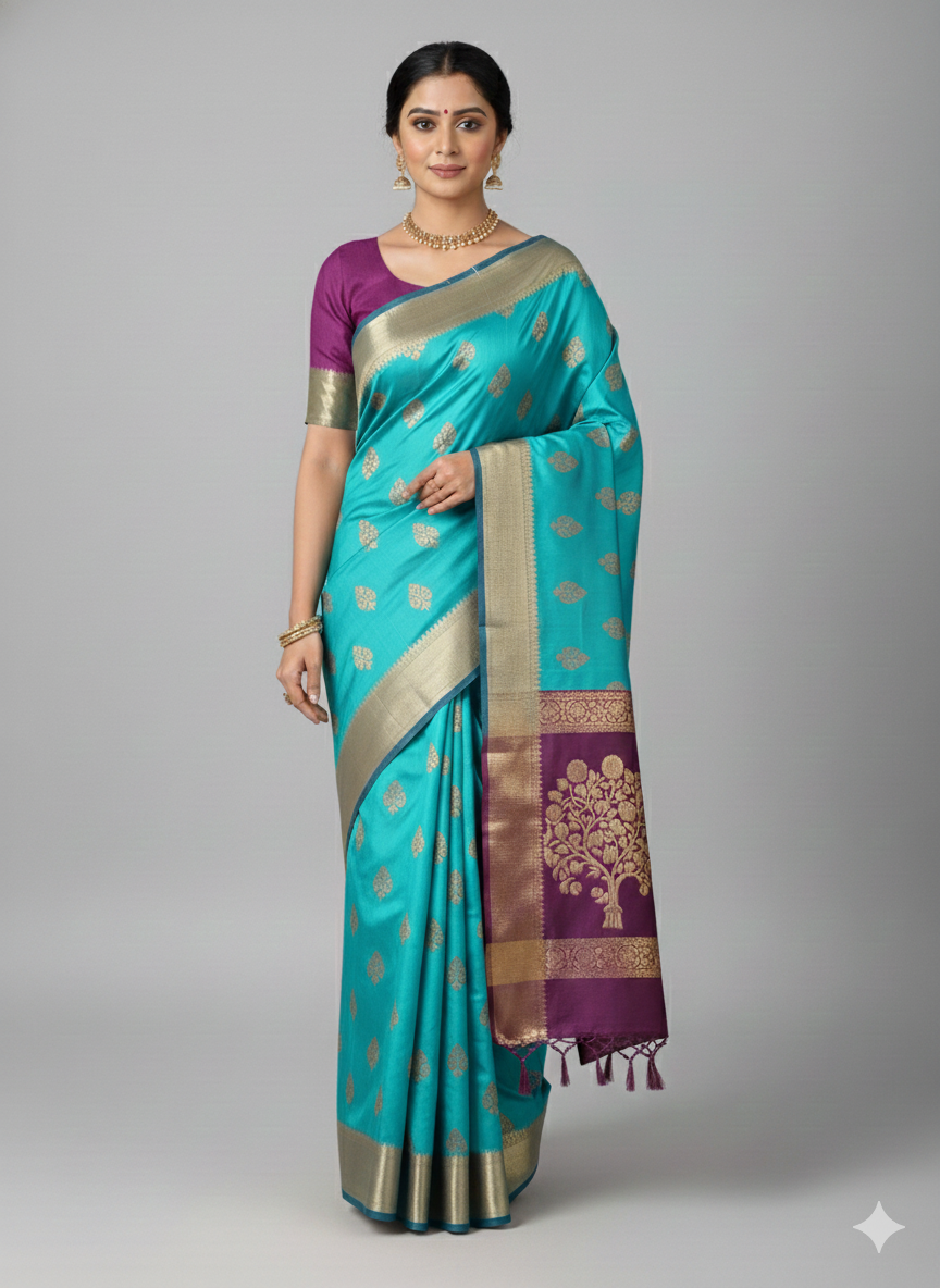 saree 14 Teal Blue Silk Saree with Purple Zari Tree Motif Pallu - Image 1