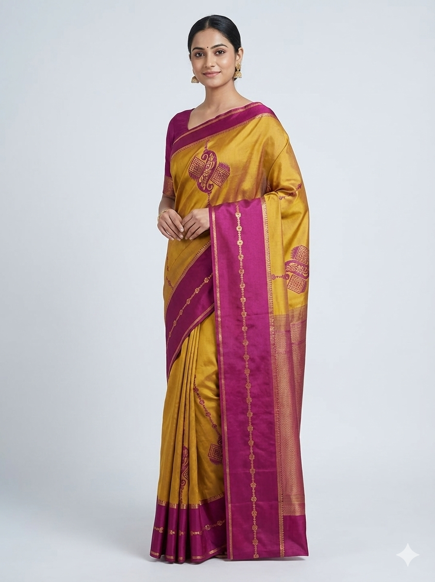 saree 15 Mustard Gold Silk Saree with Magenta Zari Pallu - Image 1