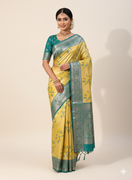 Yellow Silk Saree with Teal Zari Border