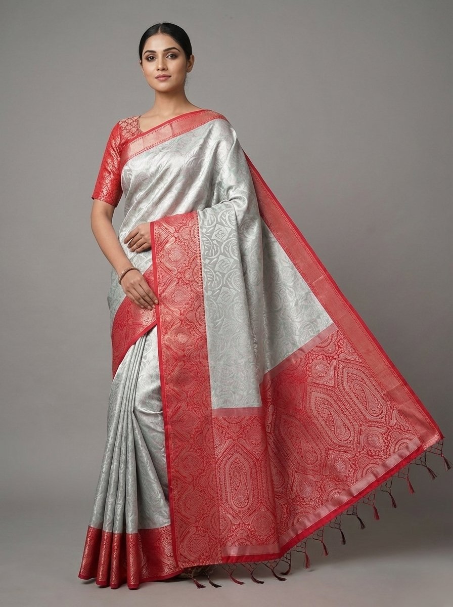 saree 17 Silver Grey Silk Saree with Red Zari Border - Image 1
