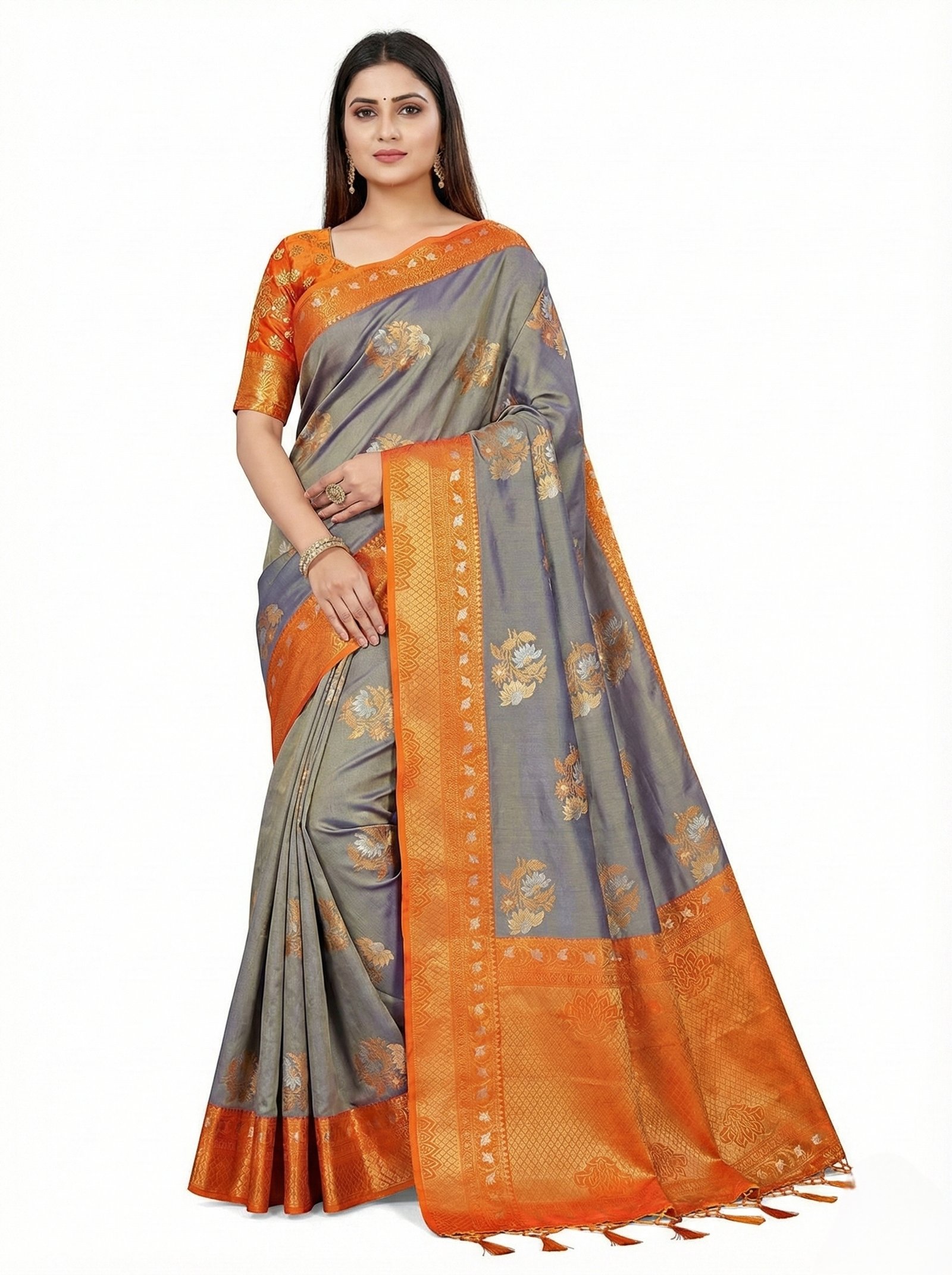 saree 19 Grey Silk Saree with Orange Zari Border and Floral Motifs - Image 1