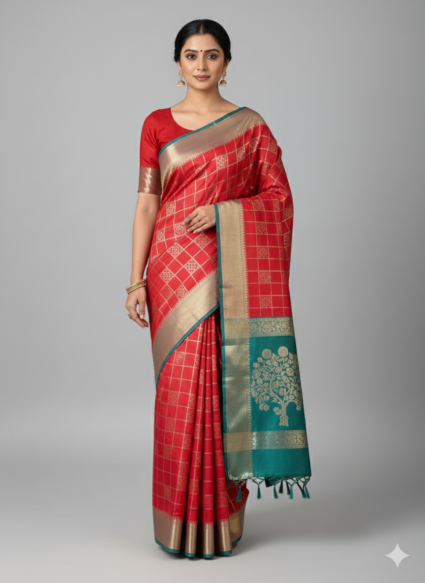 saree13 Red Silk Saree with Gold Check Pattern and Teal Zari Pallu - Image 1