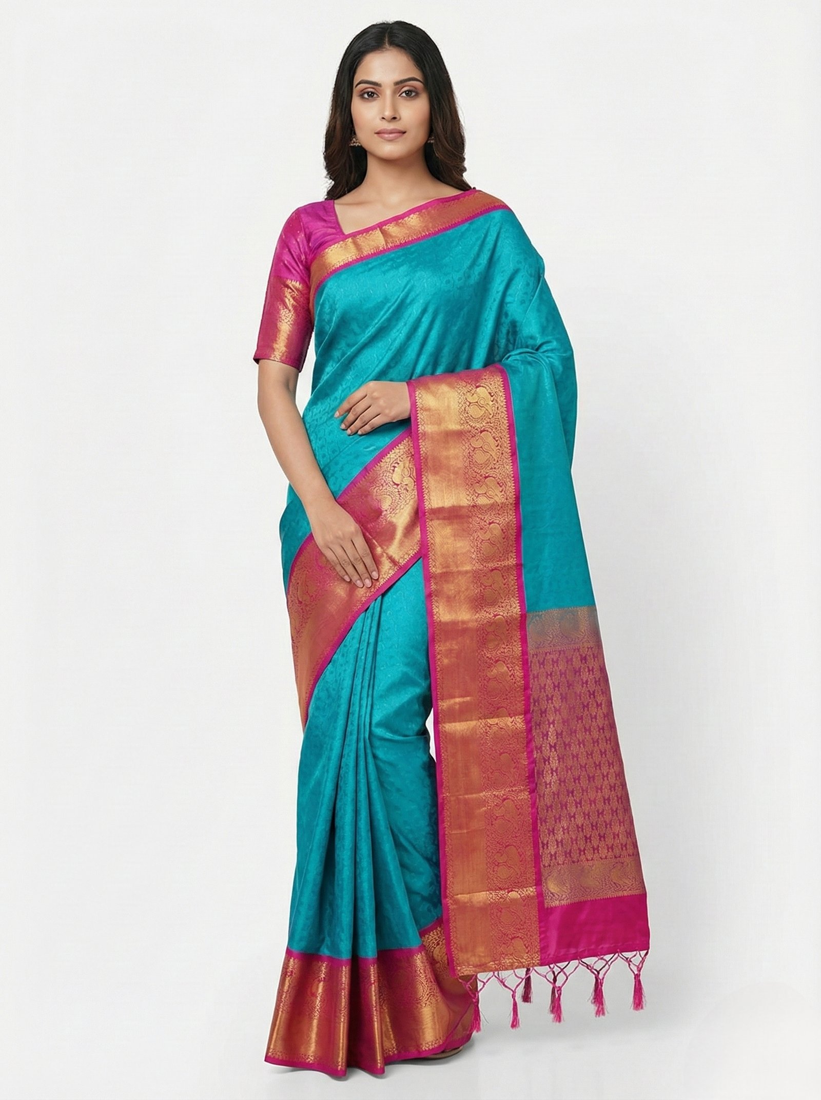 saree21 Teal Blue Silk Saree with Magenta Zari Border - Image 1
