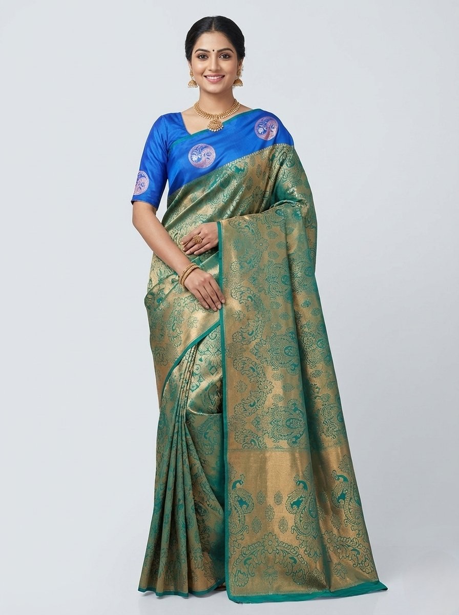 saree23 Olive Green Silk Saree with Royal Blue Contrast - Image 1