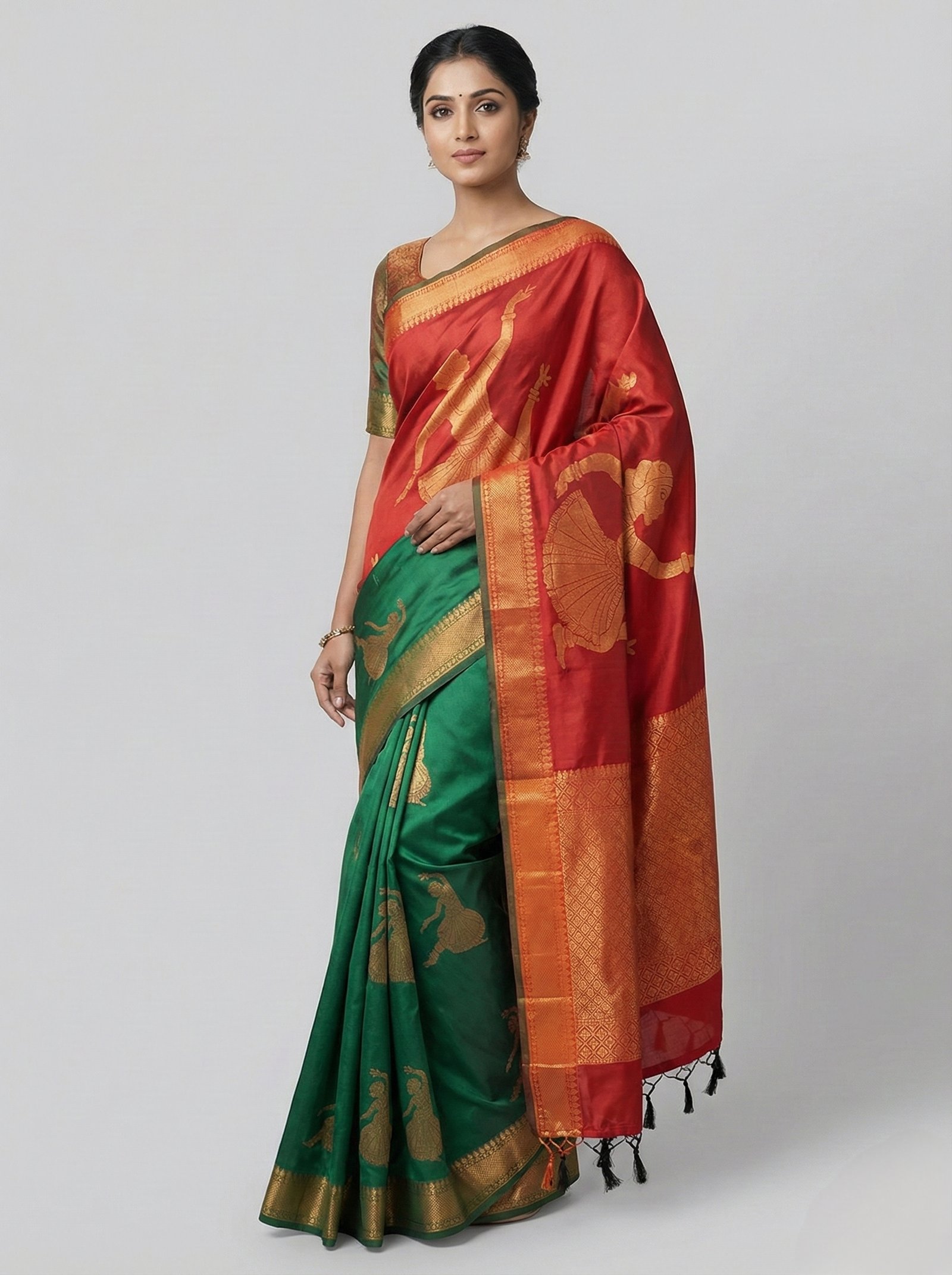 saree24 Green Silk Saree with Red Zari Pallu - Image 1
