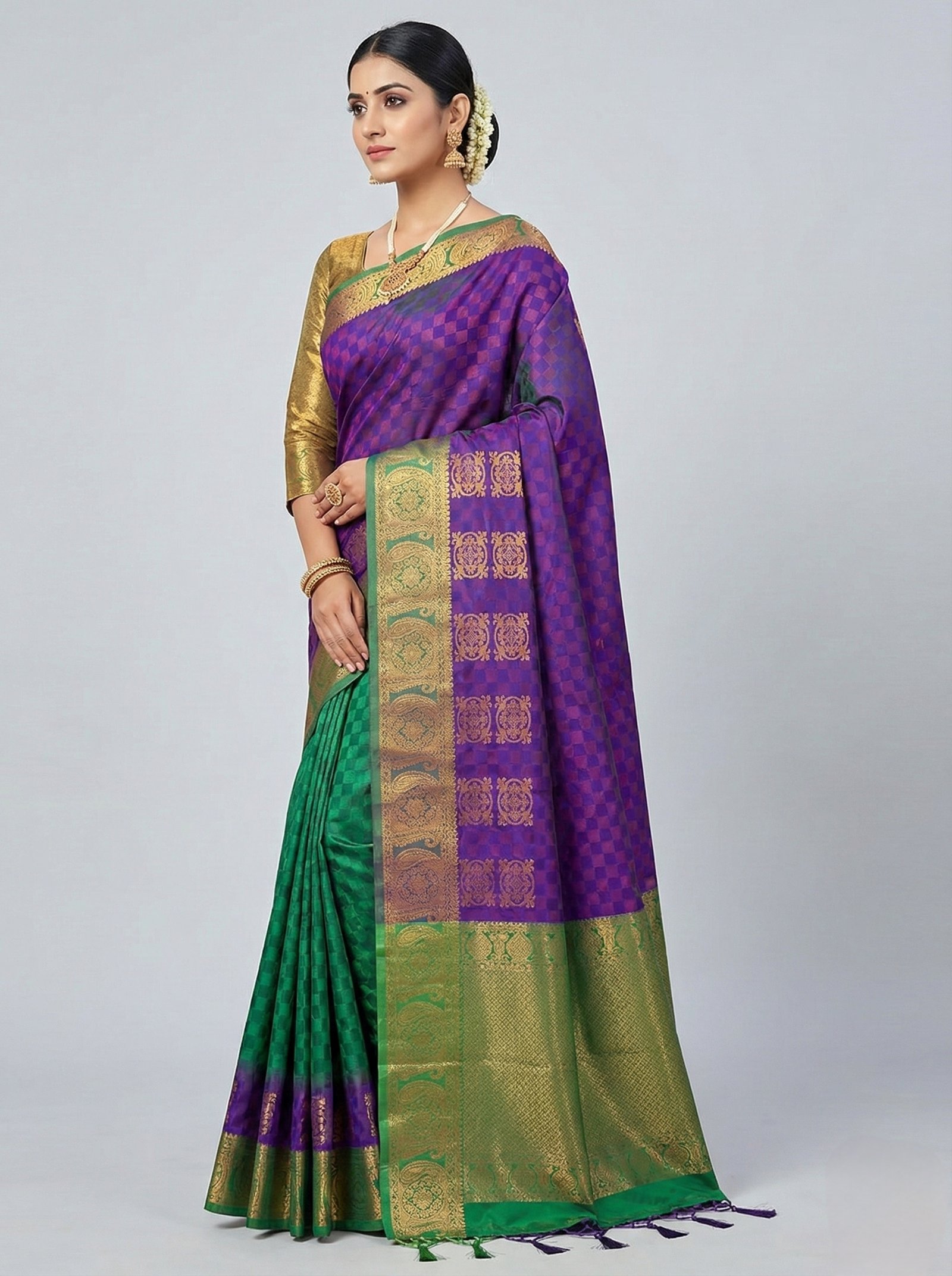 saree25 Purple Silk Saree with Green Zari Border - Image 1
