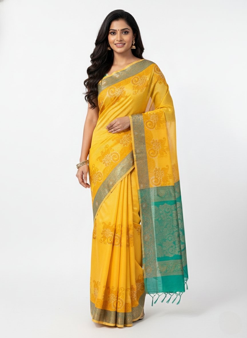 saree27 Mustard Yellow Silk Saree with Teal Border - Image 1