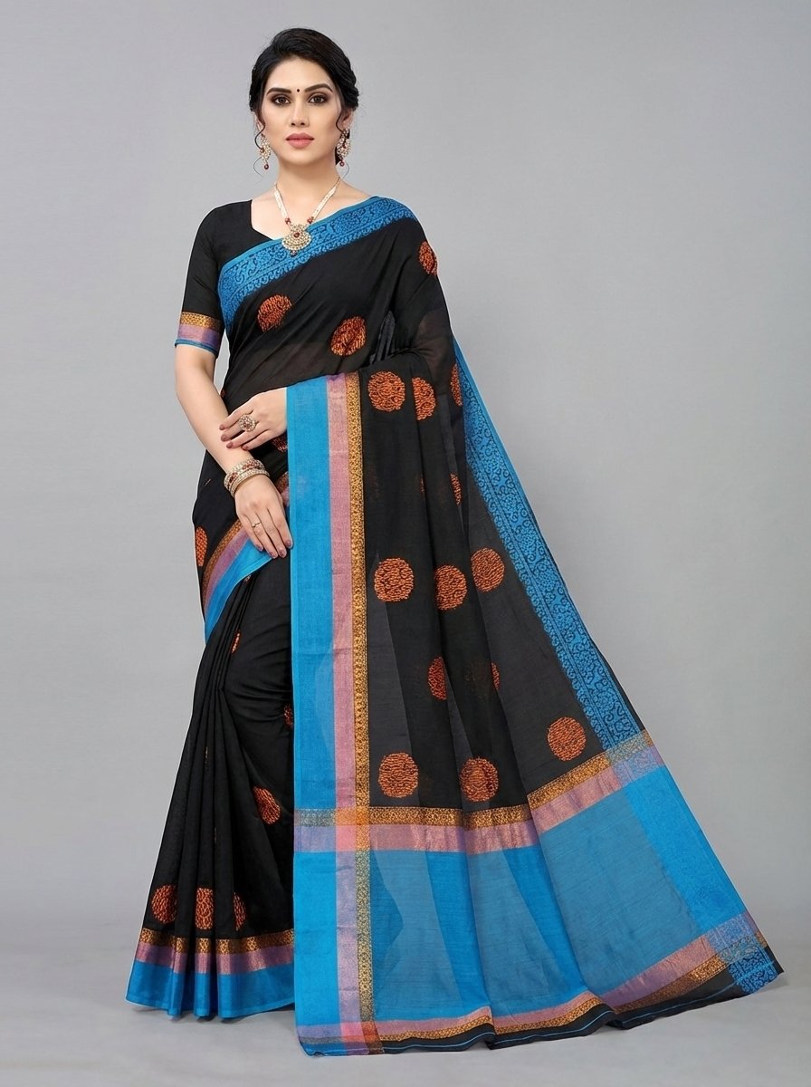 saree31 Black Silk Saree with Blue Border & Copper Butta - Image 1