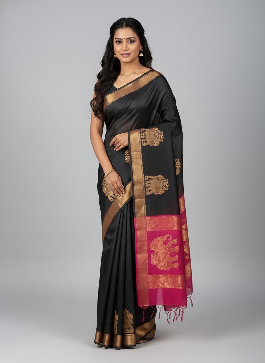 saree32 Black Silk Saree with Gold Elephant Motifs & Pink Pallu - Image 1