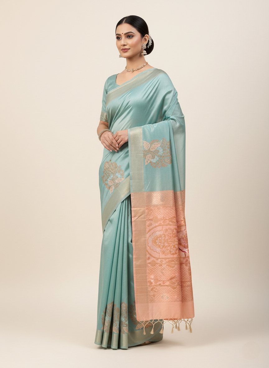saree33 Sea Green Silk Saree with Peach Zari Pallu - Image 1