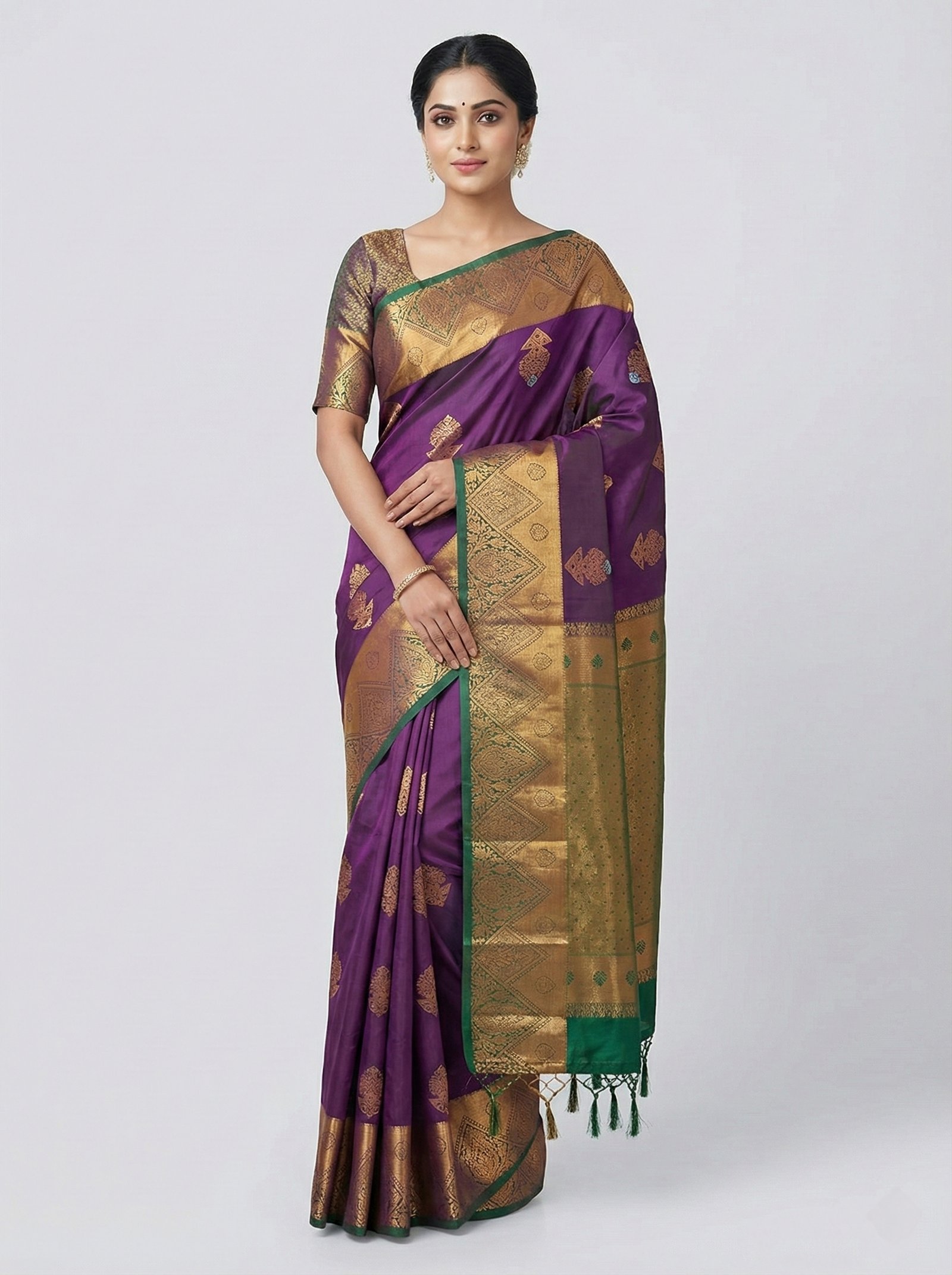 saree34 Purple Silk Saree with Gold Zari & Green Border - Image 1