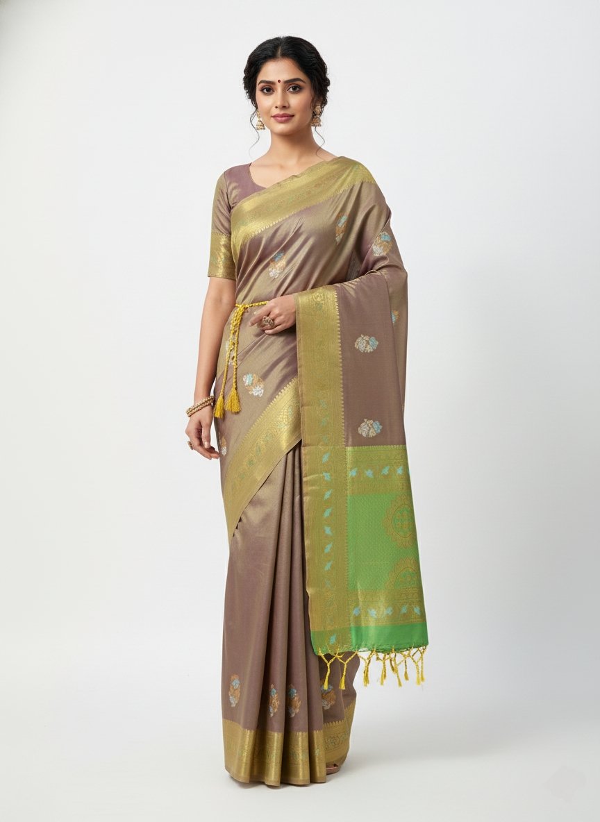 saree35 Taupe Brown Silk Saree with Olive Zari Pallu - Image 1