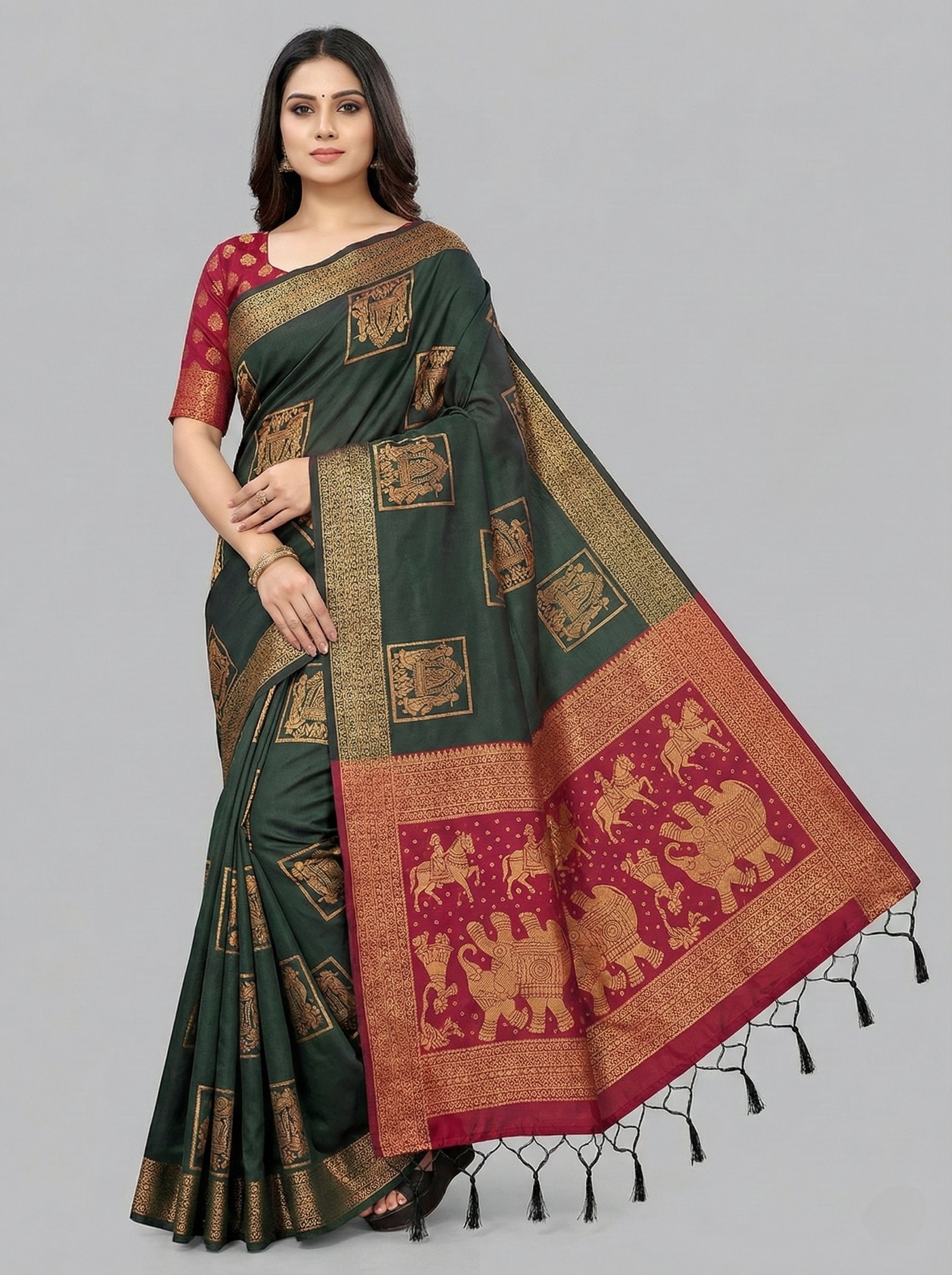 saree36 Deep Green Silk Saree with Maroon Heritage Pallu - Image 1